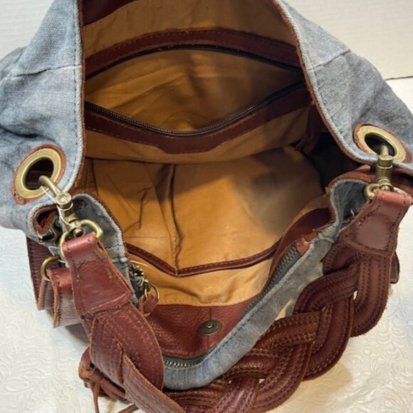 Lucky Brand BOHO Large Distressed Braided Leather Strap Blue Tote Shoulder Bag - Picture 13 of 16